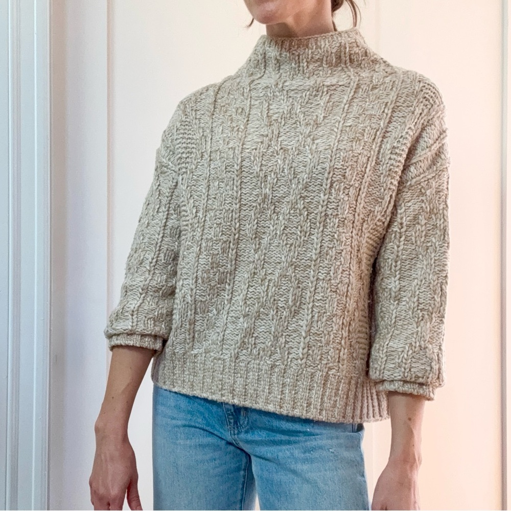 Vince Brown Textured Cable Knit Mockneck Wool-Blend Sweater — Size S